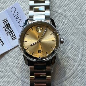 Movado Bold Verso Watch With 42mm Champagne Golden Tone Face & Silver Bracelet